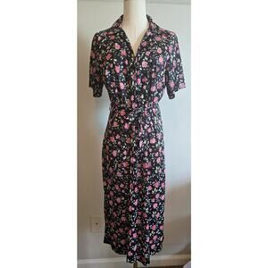 Vintage Ina Carol Womens Midi Dress Satin Floral Tie Waist Made in USA 12 1/2